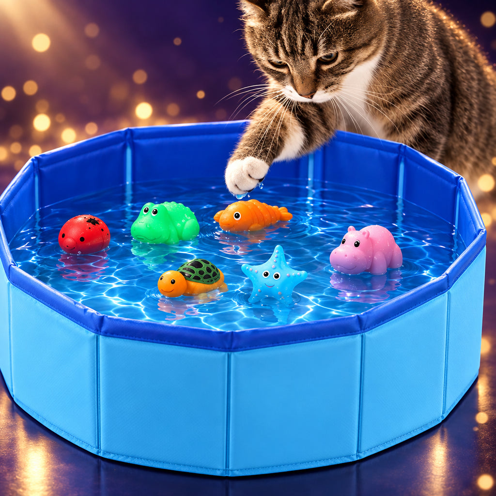 Foldable blue SplashPaw pet paddling pool with floating toys, cat playing in the water