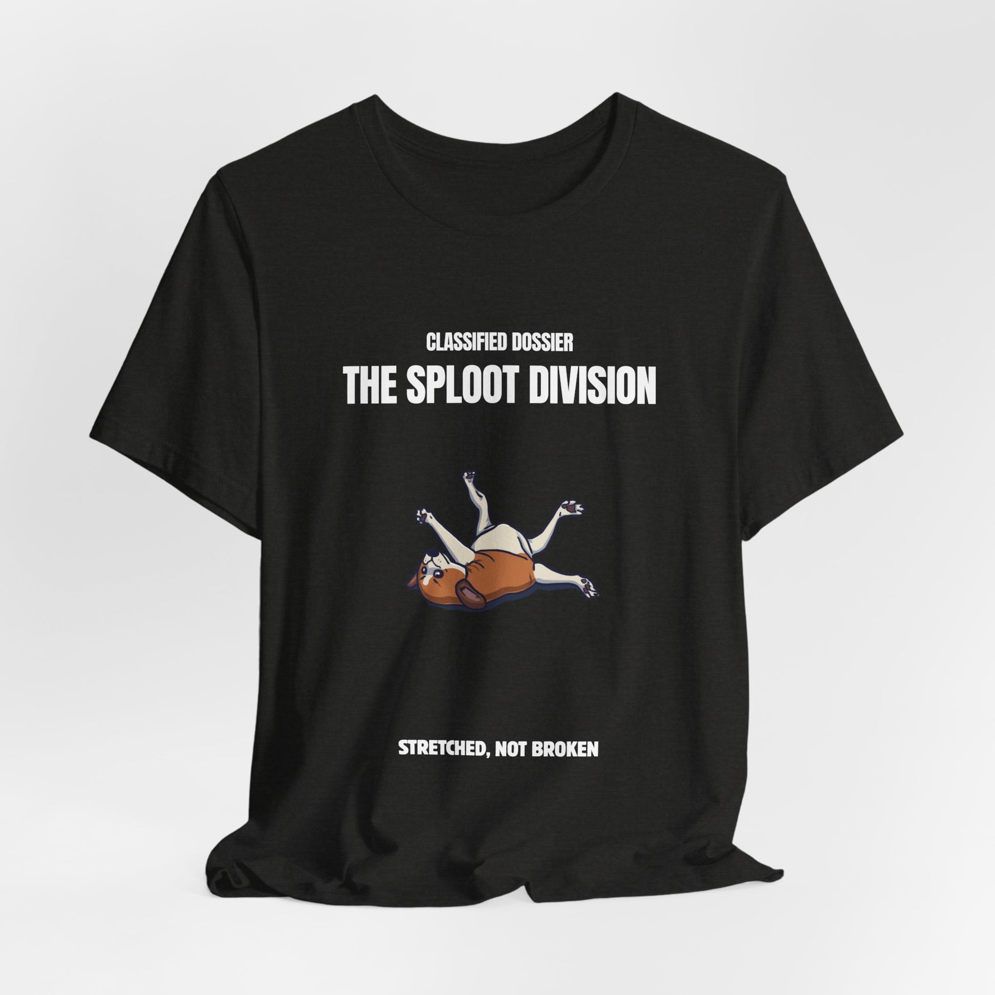Model wearing Sploot Division dog t-shirt, back view, colour option 2