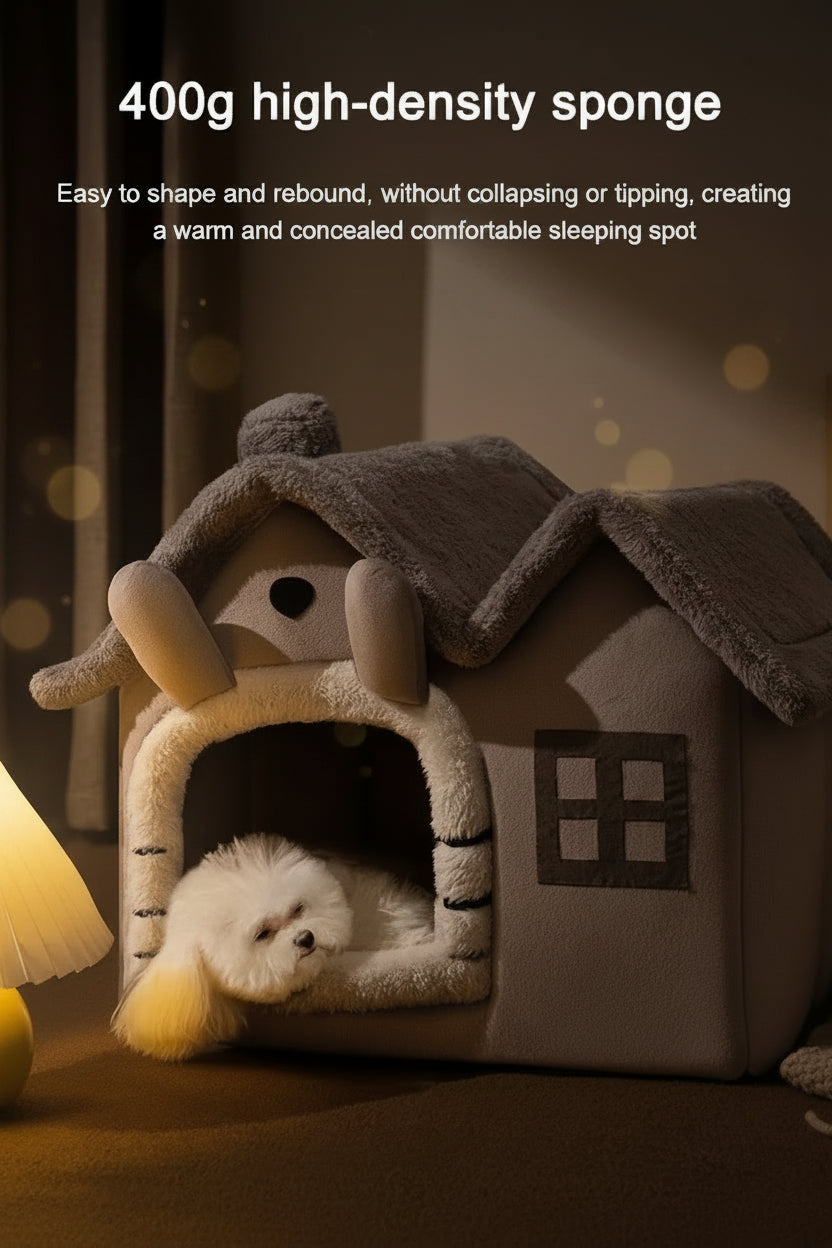 400g high-density sponge base inside PoshPup CozyCottage character house pet bed — SniffWaggleNWalk