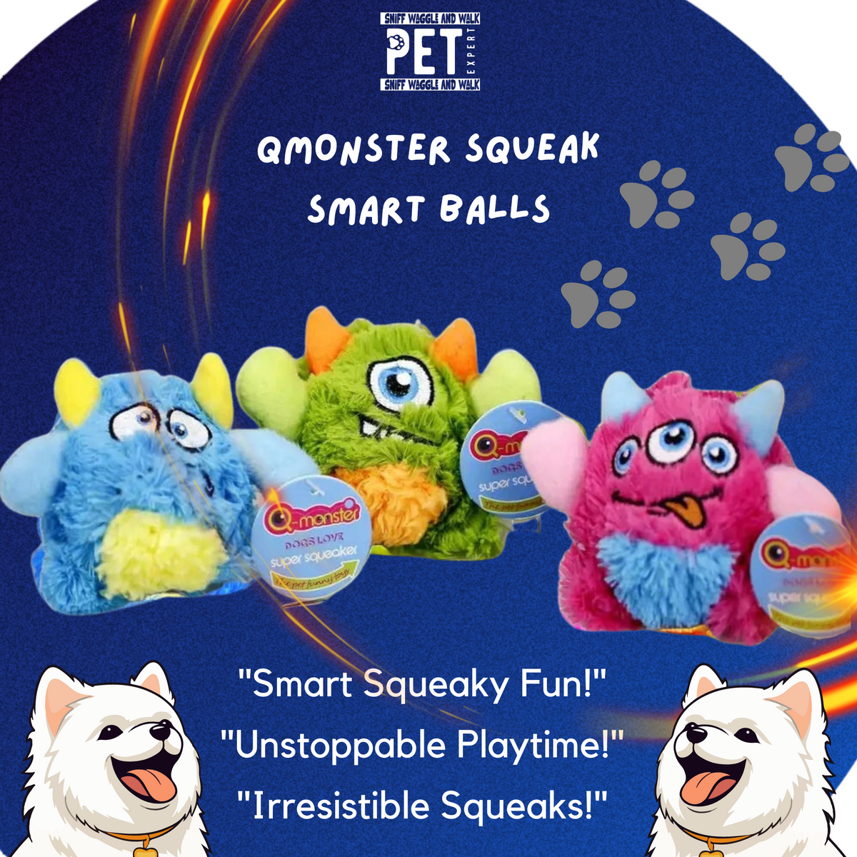 Q-Monster super squeaker bouncing ball dog toys in retail packaging — smart squeaky fun