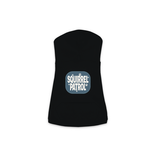 Squirrel Patrol Dog Hoodie — Black, Small Sizes (XS-M)