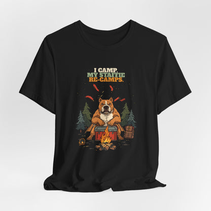 Staffie camping tee folded flat lay