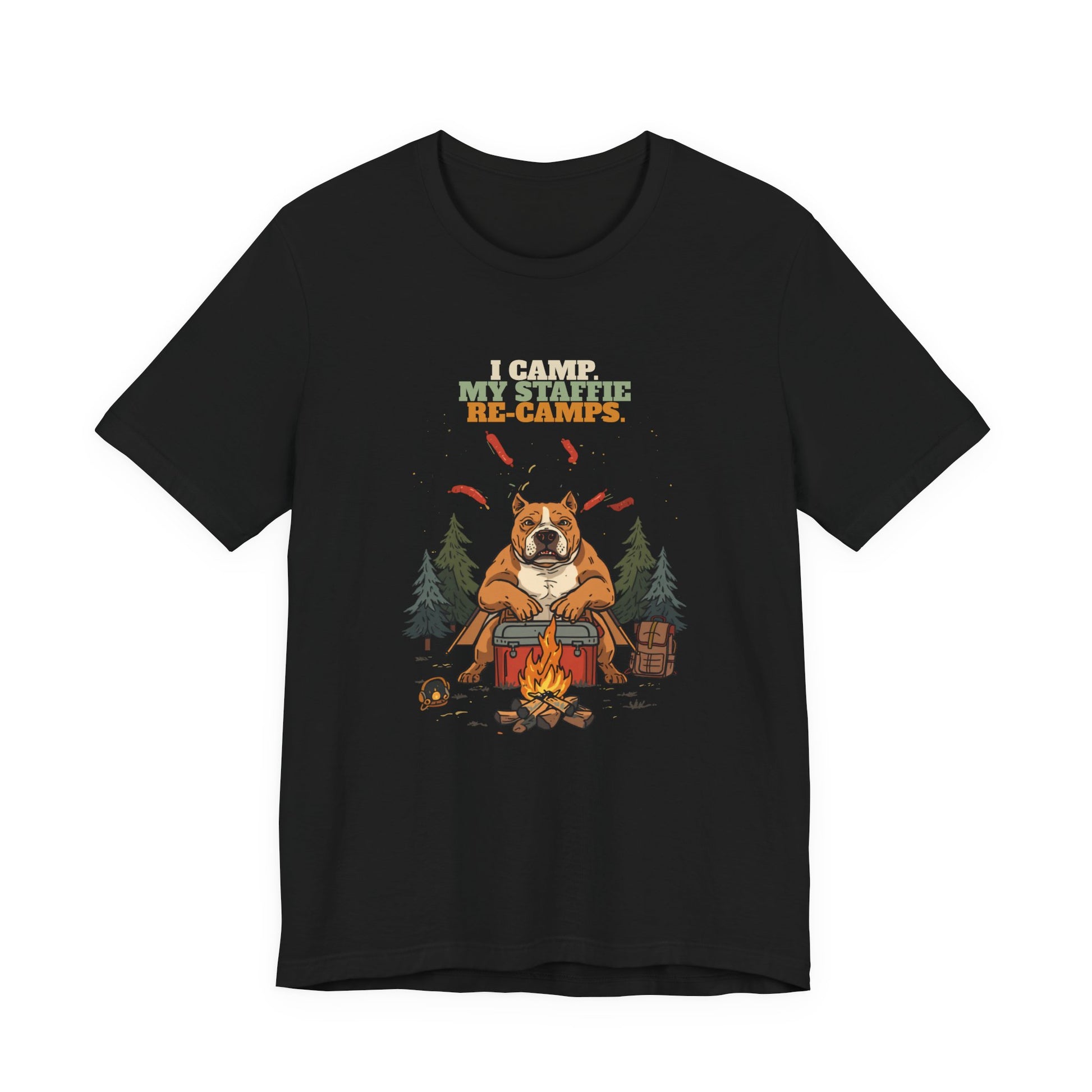 Staffie camping t-shirt colour option