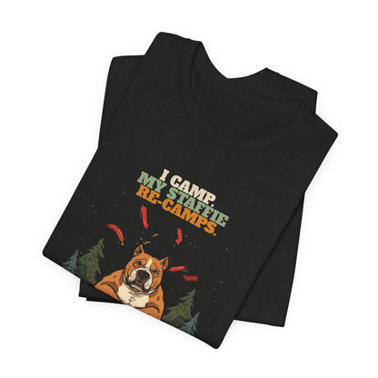 Staffie camping t-shirt Dark Grey Heather colourway