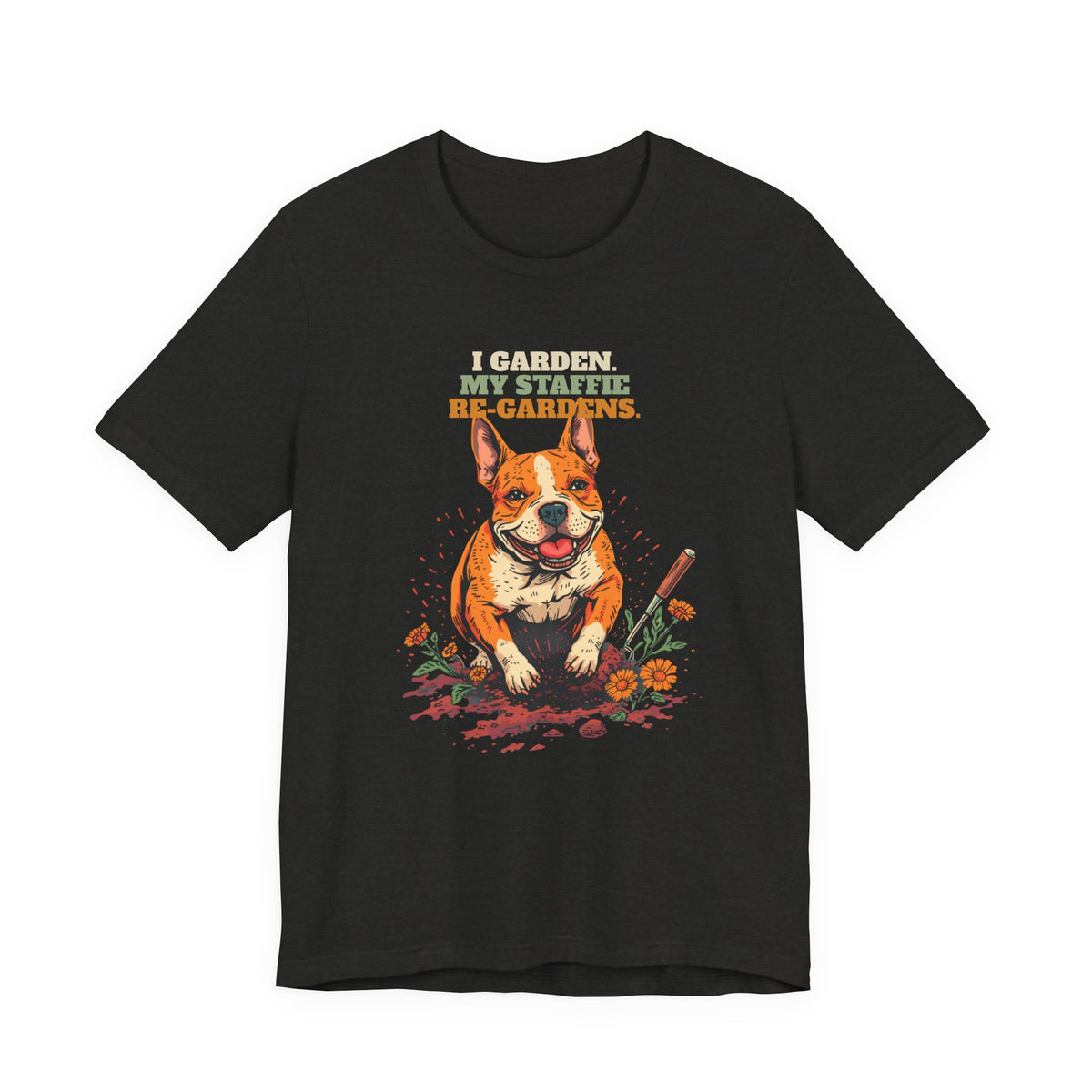 Staffie gardening tee in dark grey heather