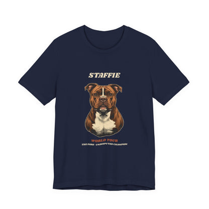 Staffie World Tour vintage band t-shirt on model outdoors