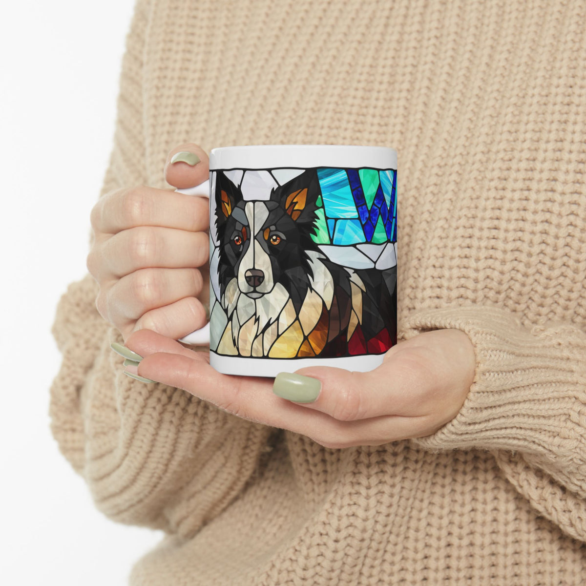 Border Collie ceramic coffee mug, 11oz and 15oz stained glass collie gift - view 1