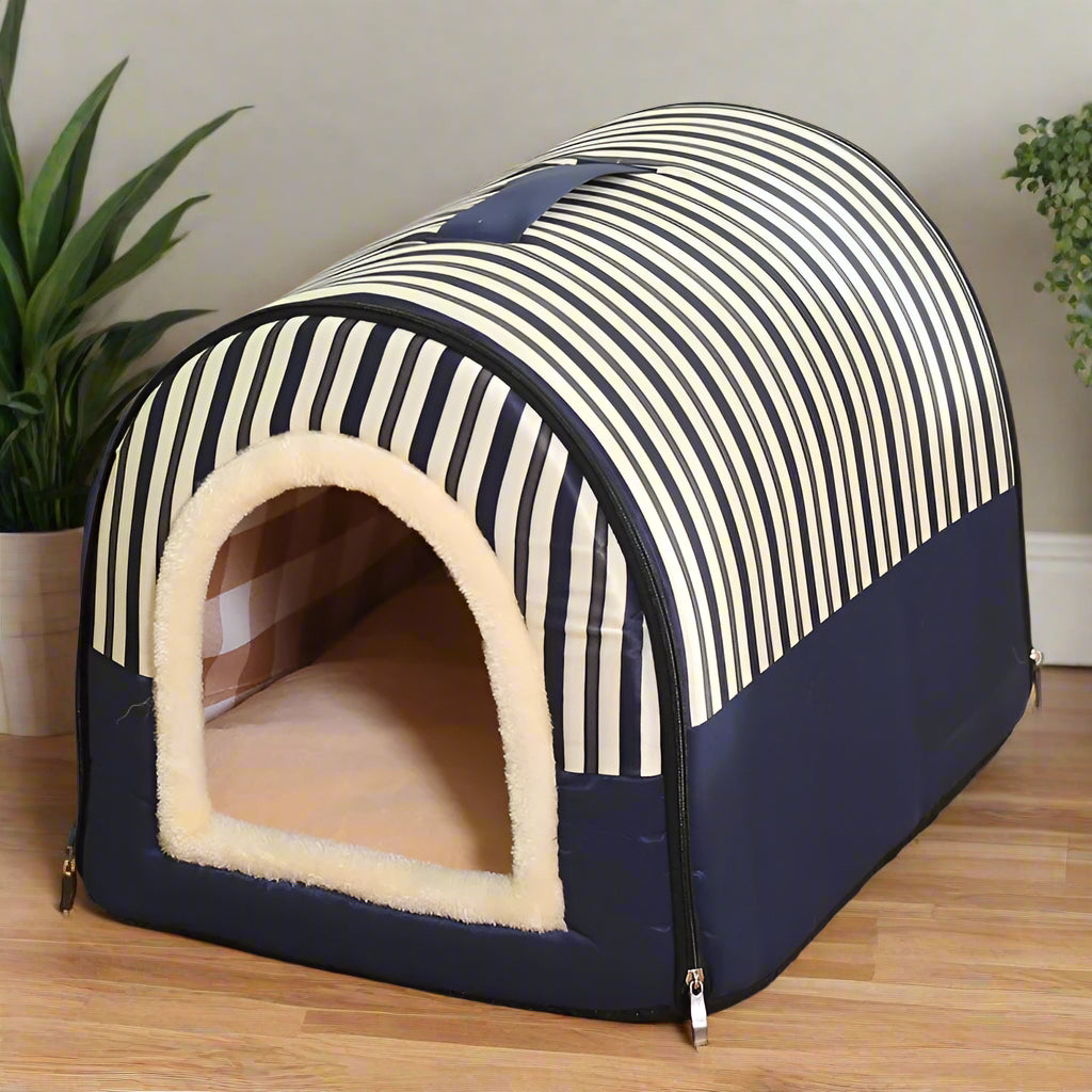 PoshPup DenHouse™ Navy Stripe design — navy and cream vertical stripes with deep sherpa lined arch entrance