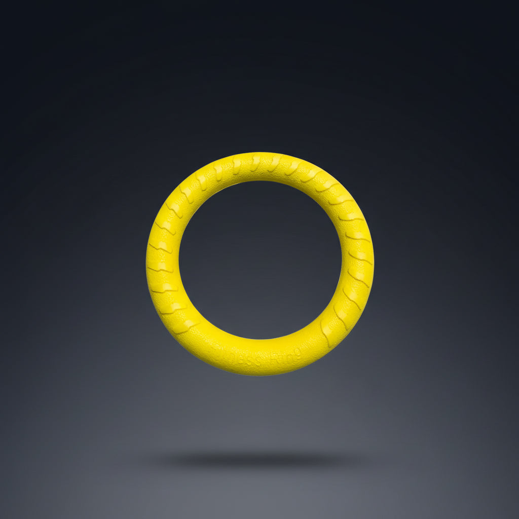 Yellow rubber fetch and tug ring dog toy — SniffWaggleNWalk TugRing™
