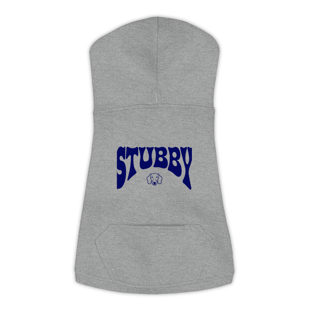 Stubby Hoodie in Granite Heather, size L, bold STUBBY wordmark graphic with Dachshund icon