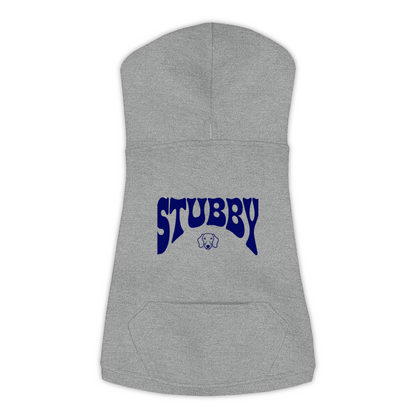 Stubby Hoodie in Granite Heather, size L, bold STUBBY wordmark graphic with Dachshund icon