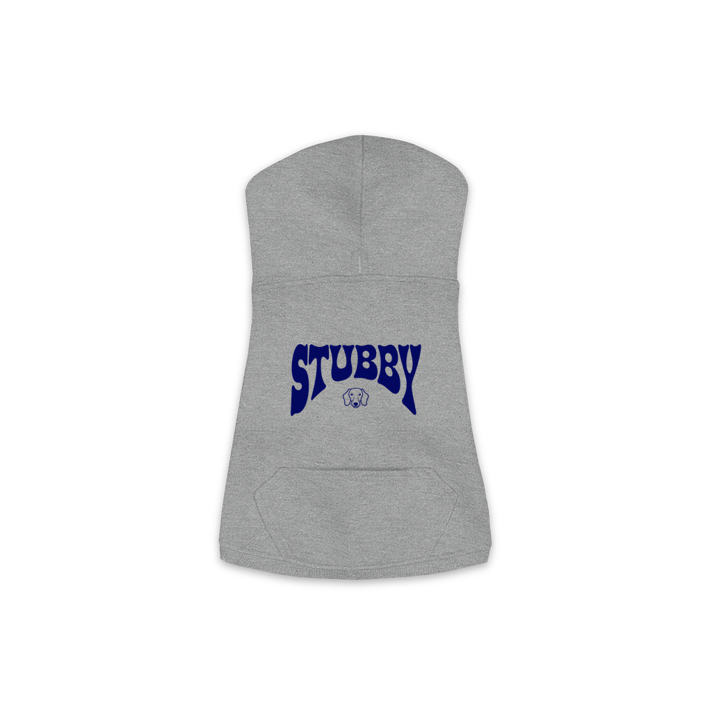 Stubby Hoodie in Granite Heather, size S, bold STUBBY wordmark graphic with Dachshund icon