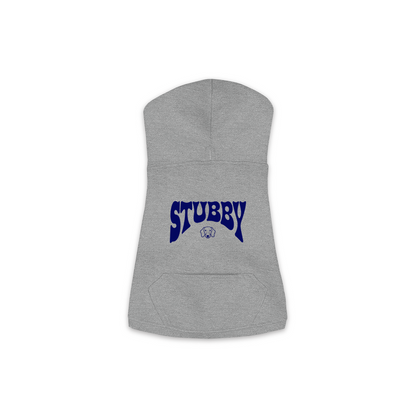 Stubby Hoodie in Granite Heather, size S, bold STUBBY wordmark graphic with Dachshund icon