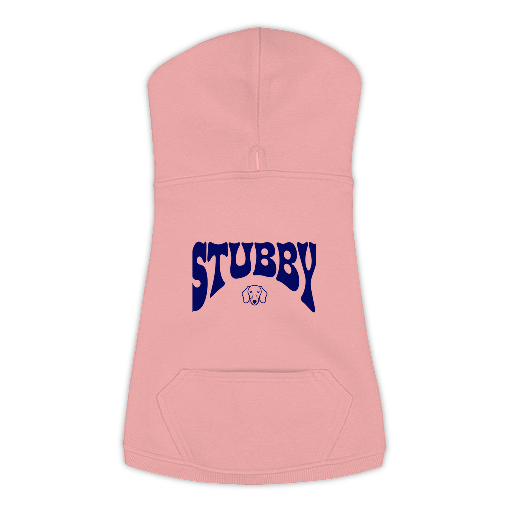 Stubby Hoodie in Mauvelous, size L, bold STUBBY wordmark graphic with Dachshund icon