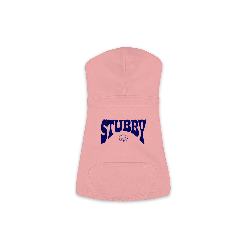 Stubby Hoodie in Mauvelous, size M, bold STUBBY wordmark graphic with Dachshund icon