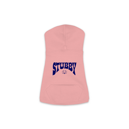 Stubby Hoodie in Mauvelous, size M, bold STUBBY wordmark graphic with Dachshund icon