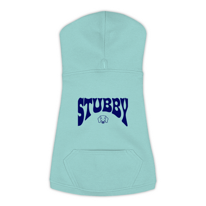 Stubby Hoodie in Saltwater, size L, bold STUBBY wordmark graphic with Dachshund icon