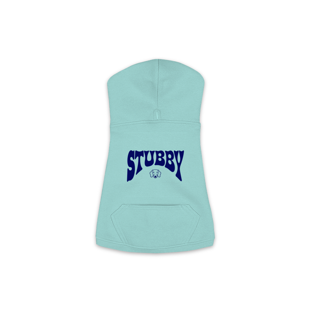 Stubby Hoodie in Saltwater, size M, bold STUBBY wordmark graphic with Dachshund icon