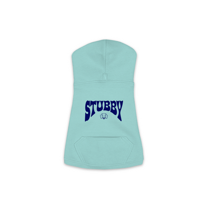 Stubby Hoodie in Saltwater, size M, bold STUBBY wordmark graphic with Dachshund icon