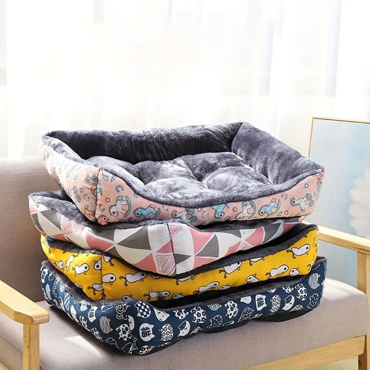 PoshPup CozyPrint blue printed sofa pet bed with grey velvet cushion