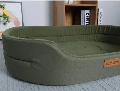 Green pet bed with a label on a surface, text about pet care experience above.