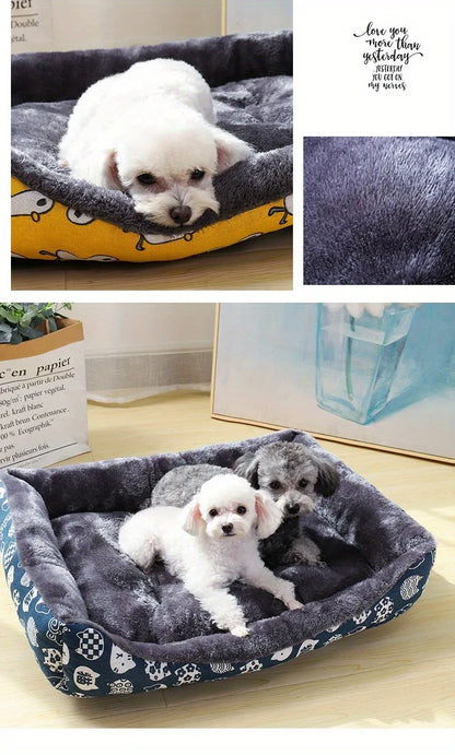 Collage of a dog lying on a patterned pet bed with close-up details of the fabric.