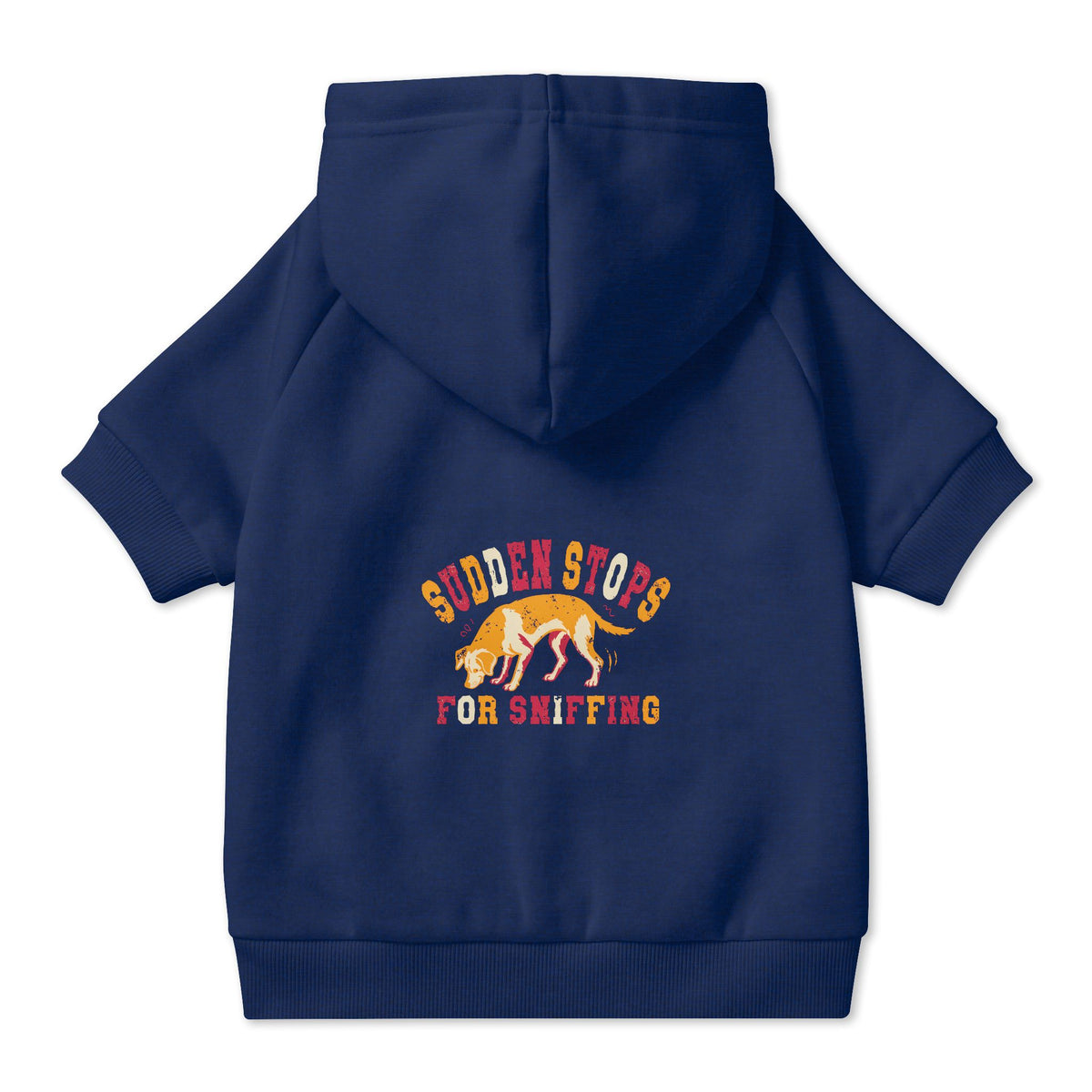 Sudden Stops for Sniffing Dog Hoodie in Navy, back view — SniffWaggleNWalk™