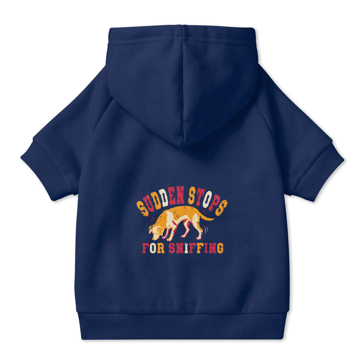 Sudden Stops for Sniffing Dog Hoodie in Navy, back view — SniffWaggleNWalk™