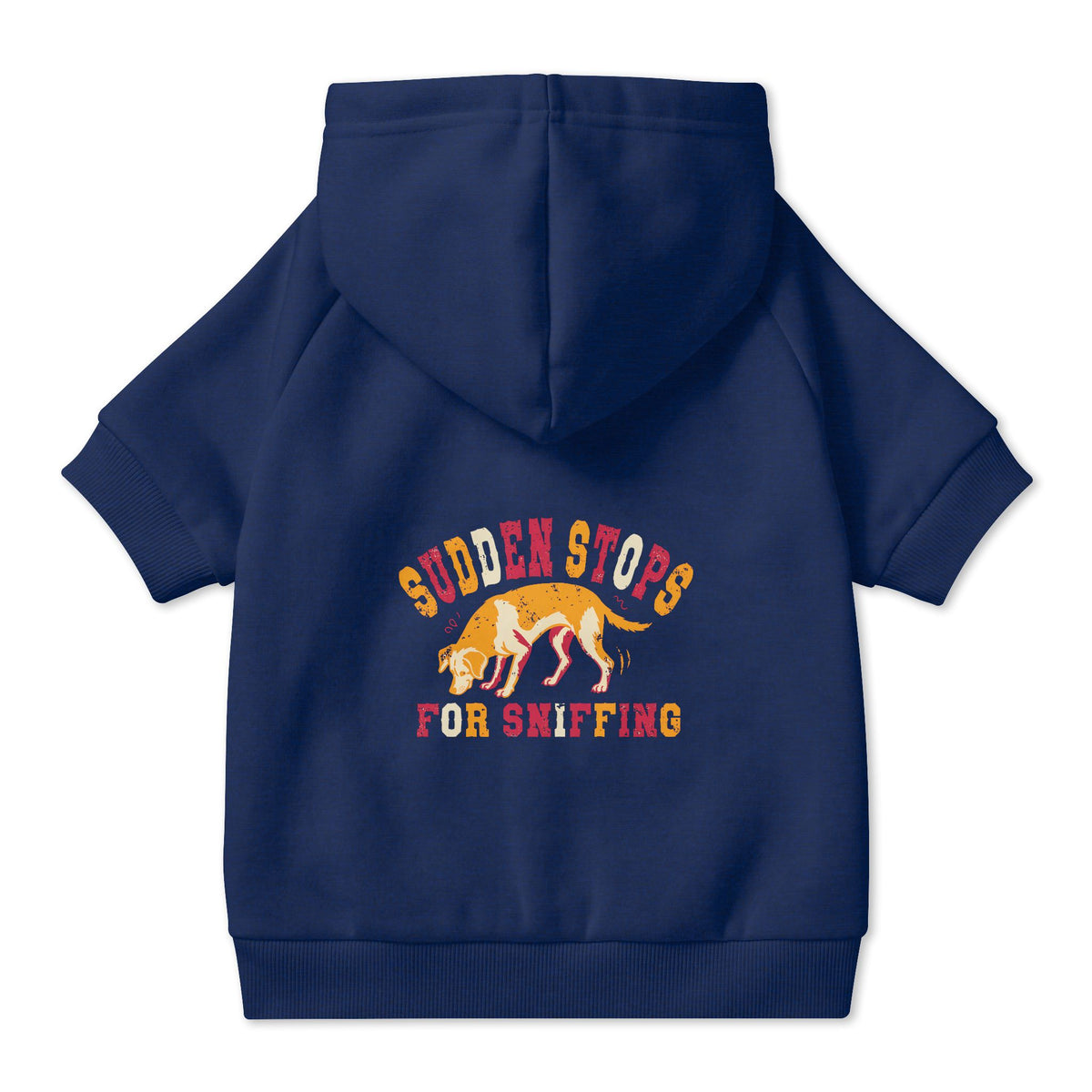Sudden Stops for Sniffing Dog Hoodie in Navy, back view — SniffWaggleNWalk™