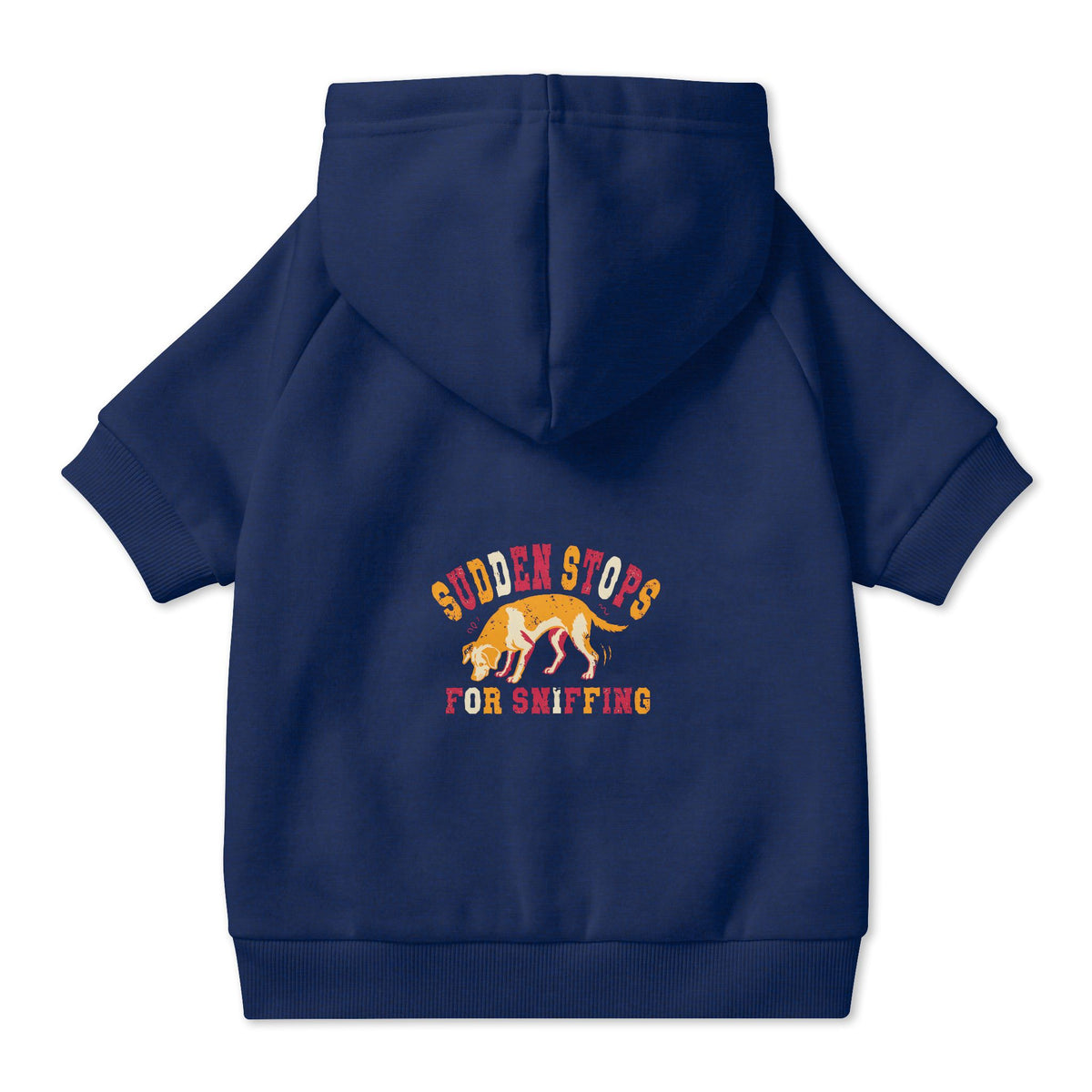 Sudden Stops for Sniffing Dog Hoodie in Navy, back view — SniffWaggleNWalk™