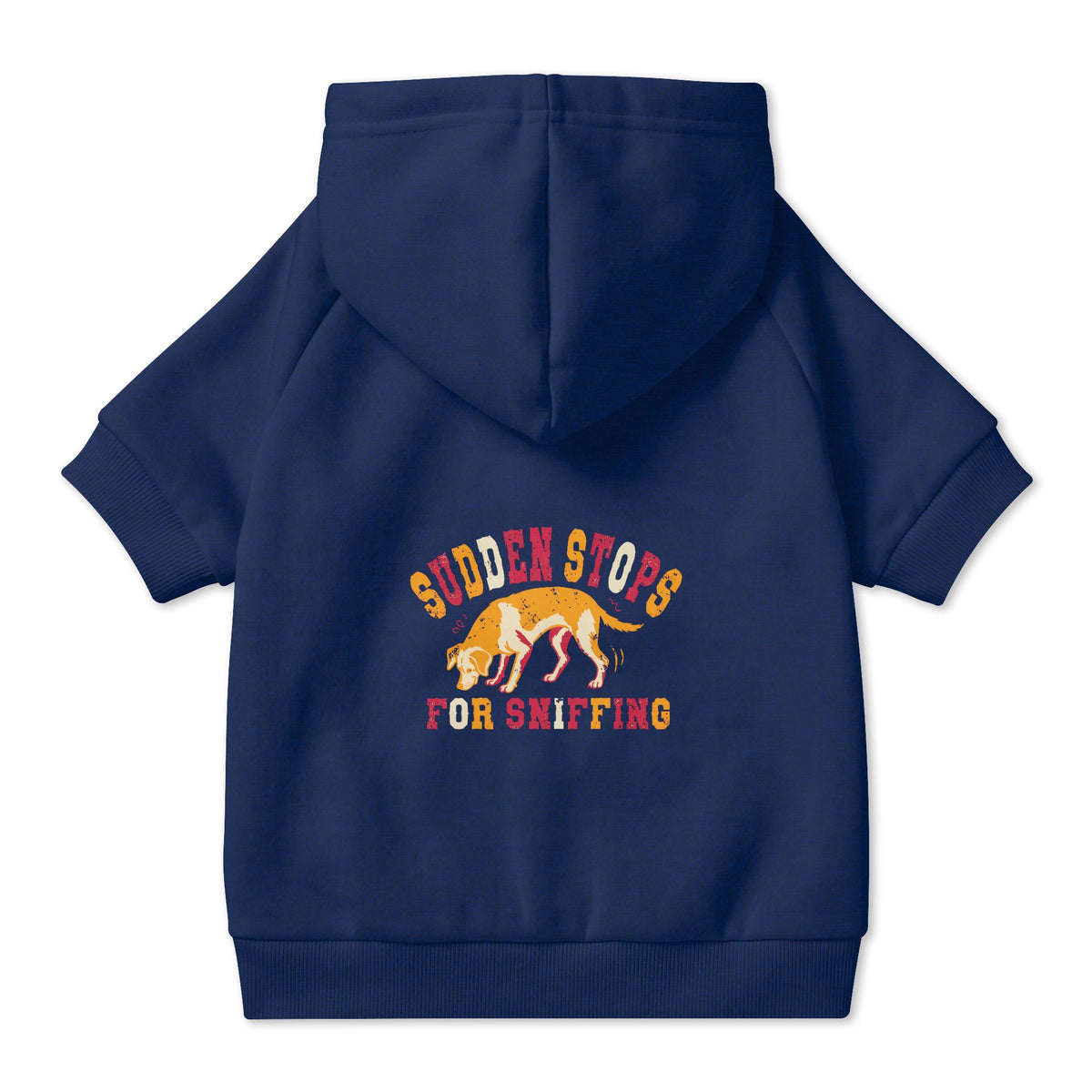 Sudden Stops for Sniffing Dog Hoodie in Navy, back view — SniffWaggleNWalk™