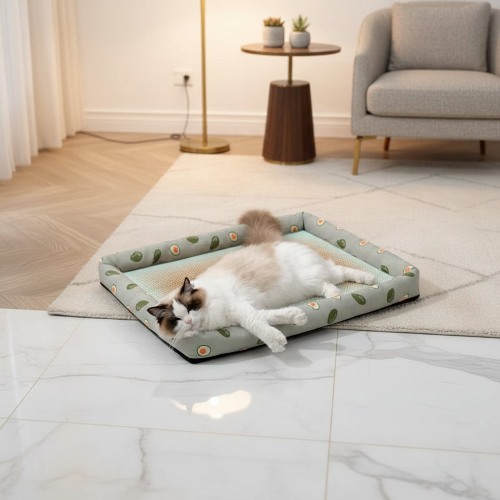 Cat on avocado print ChillTail mat with airflow arrows showing breathable rattan cooling action