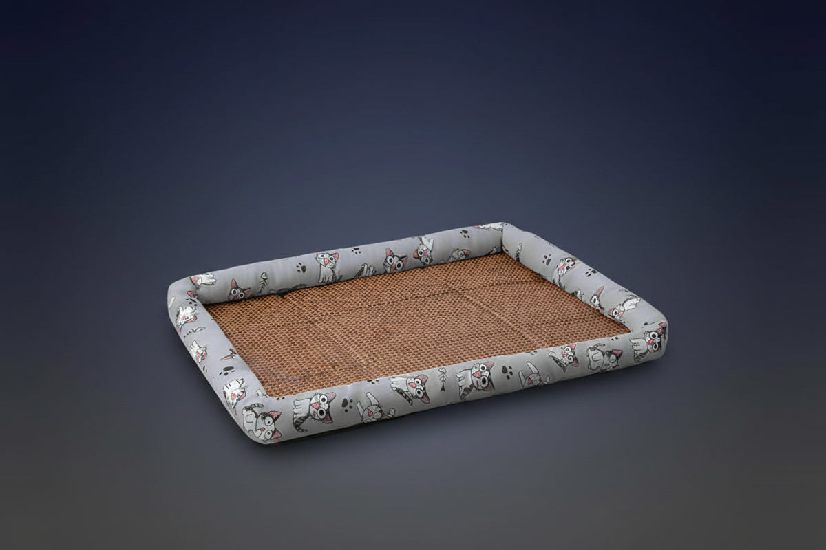 Ragdoll cat resting on ChillTail avocado print mat showing padded bolster border detail