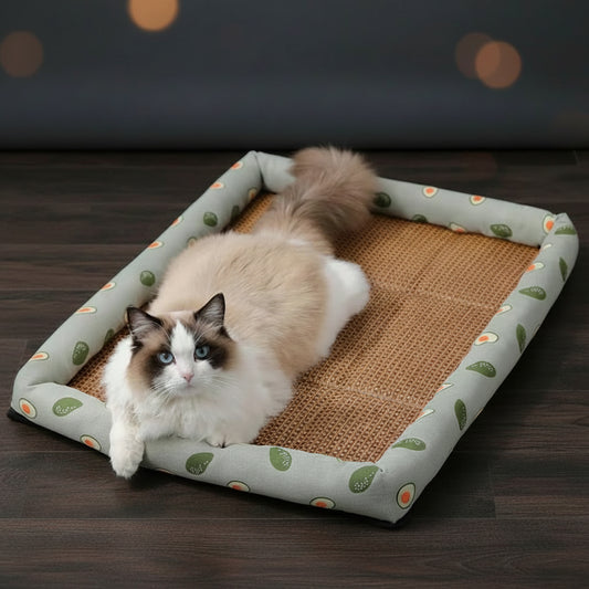 ChillTail cartoon cat print mat in grey, large size 50x40cm shown on wooden floor