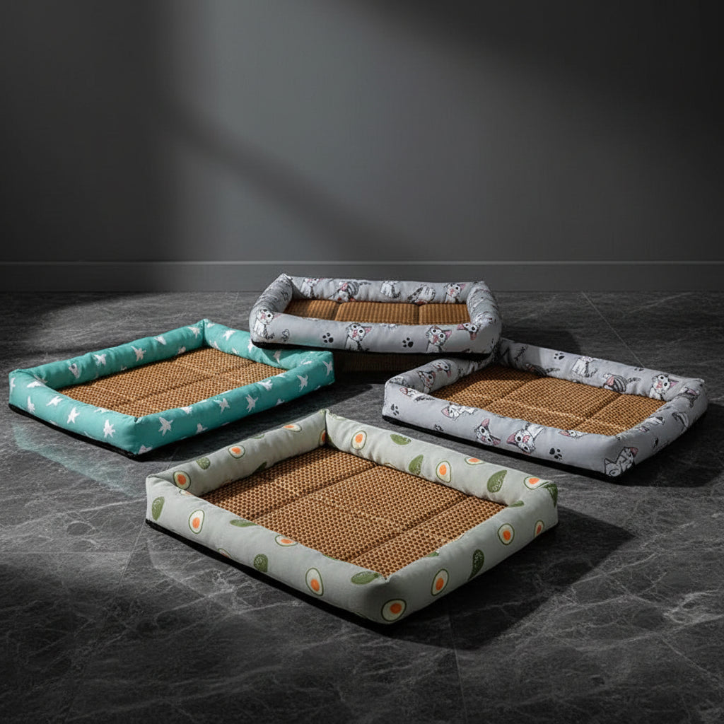 ChillTail yellow botanical print rattan mat on white floor showing full size and border