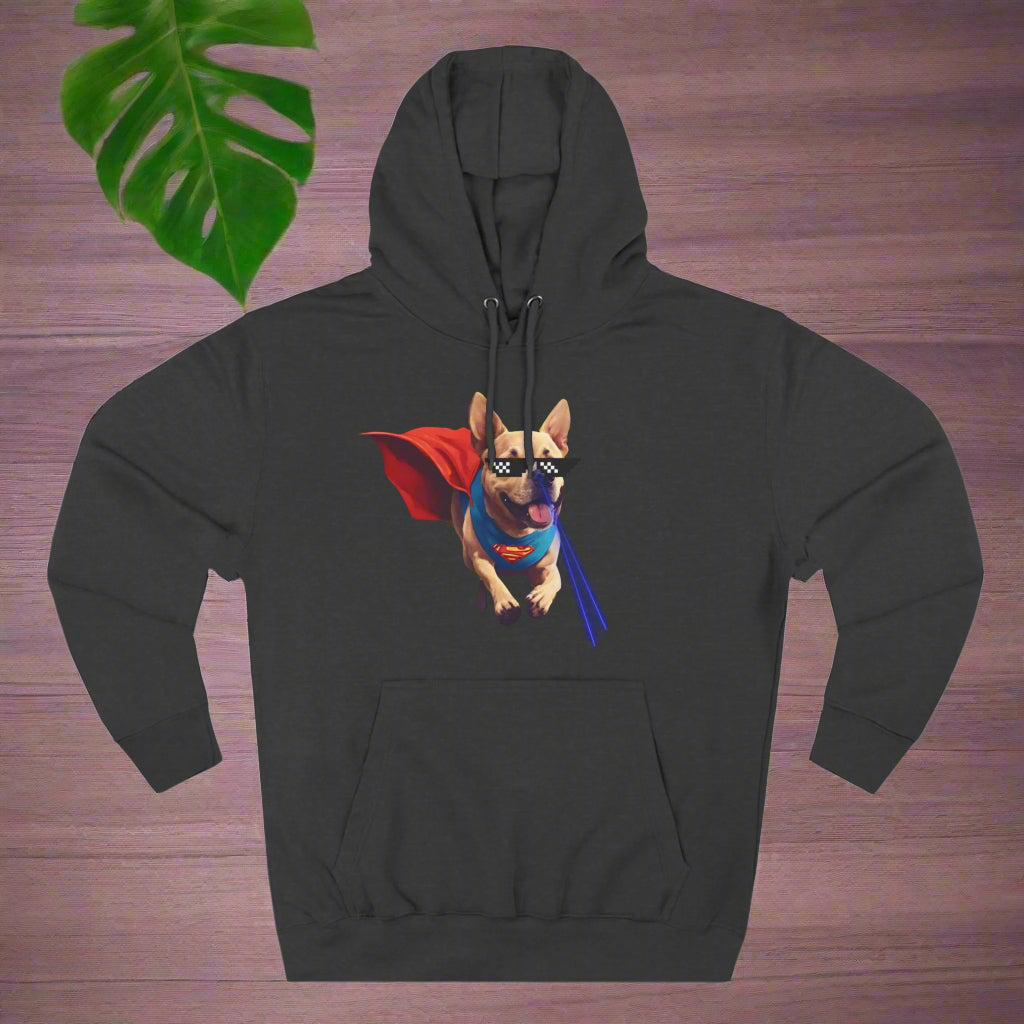  "Super Dog" Three panel Fleece Hoodie - Sniff Waggle And Walk heather grey
