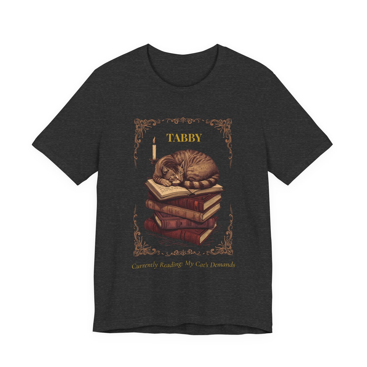 Dark Grey Heather colourway of the Tabby Cat t-shirt