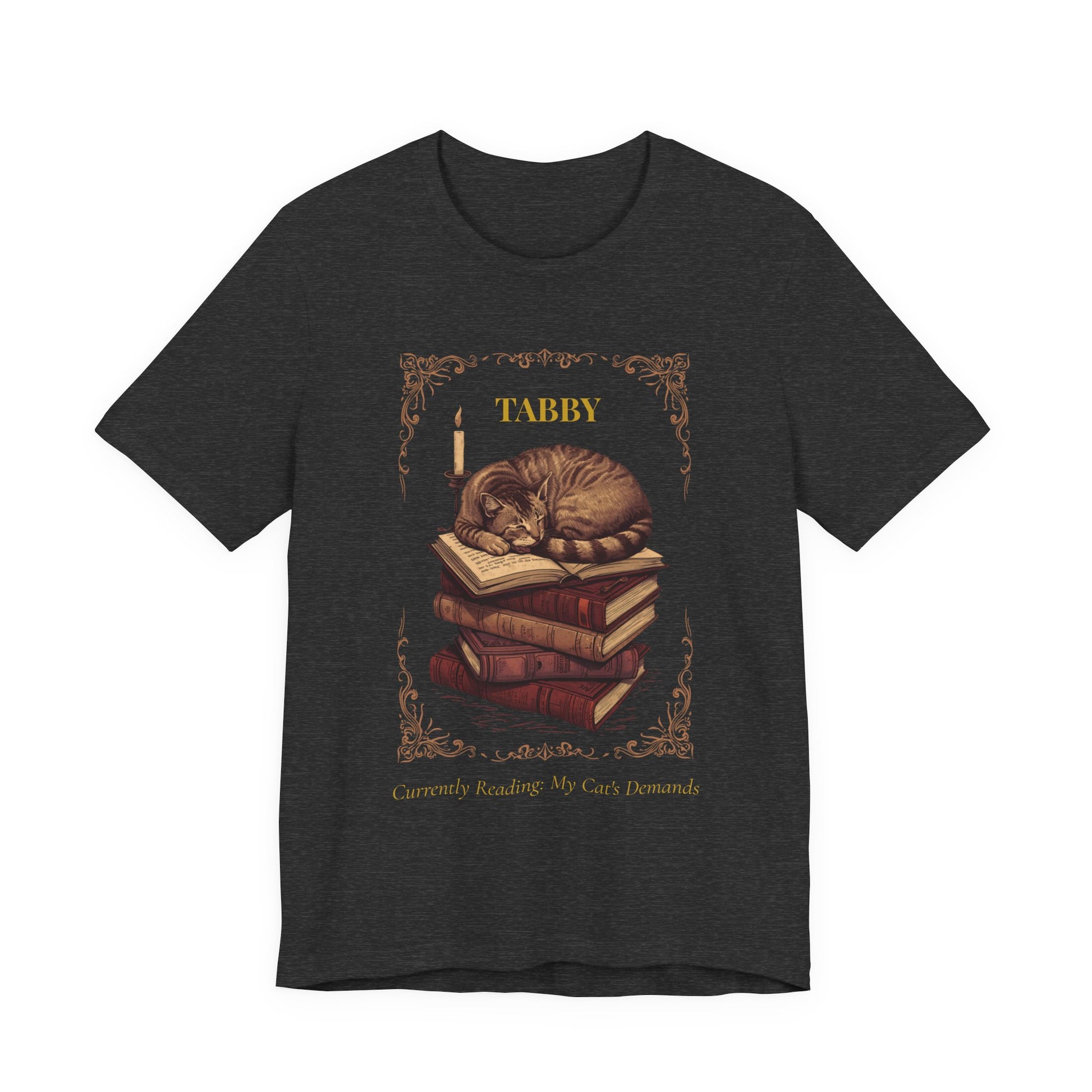 Dark Grey Heather colourway of the Tabby Cat t-shirt