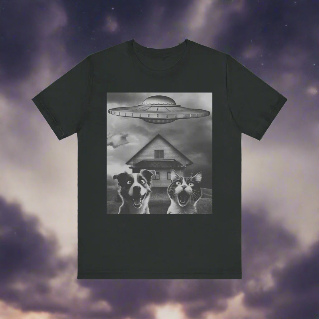 Take Us to Your Litter UFO cat and dog t-shirt in Black, front view