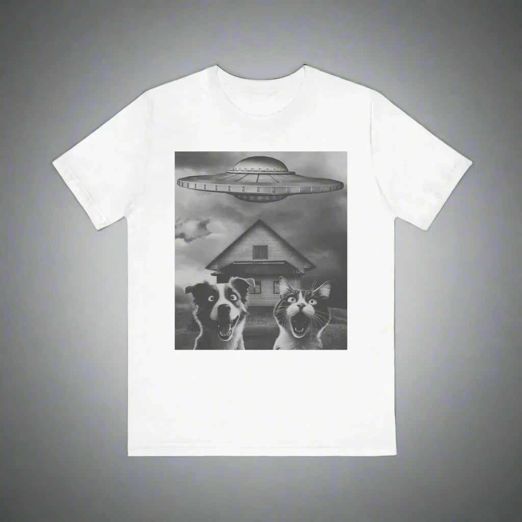 Take Us to Your Litter UFO cat and dog t-shirt, design close-up