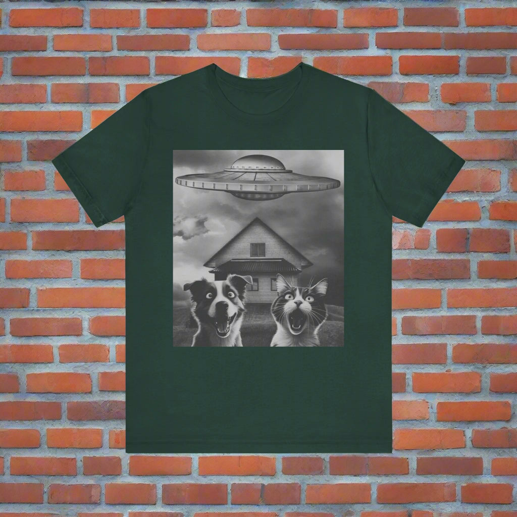 Take Us to Your Litter UFO cat and dog t-shirt in Forest green, front view