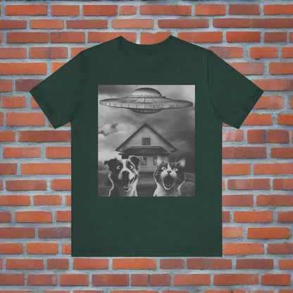 Take Us to Your Litter UFO cat and dog t-shirt in Forest green, front view