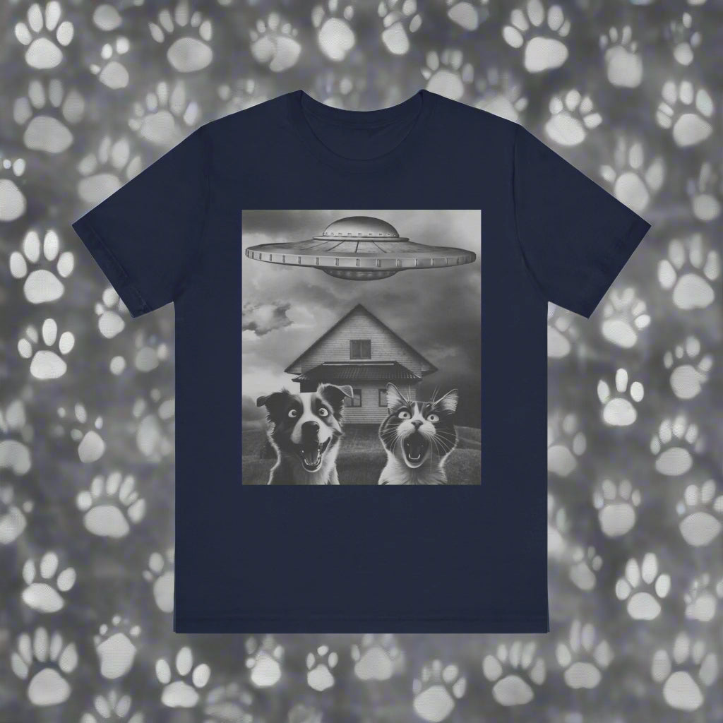 Take Us to Your Litter UFO cat and dog t-shirt in Navy, front view