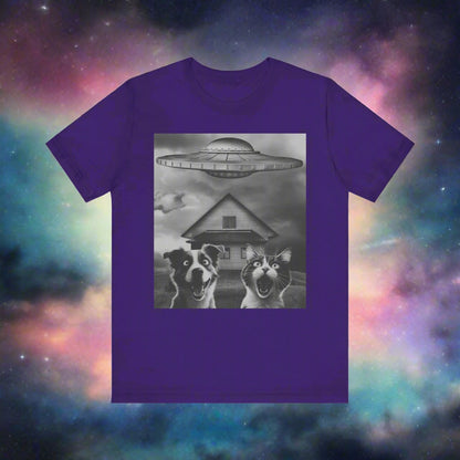 Take Us to Your Litter UFO cat and dog t-shirt in Team Purple, front view
