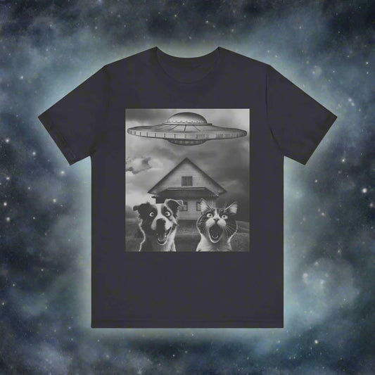 Take Us to Your Litter funny UFO cat and dog t-shirt in White, front view