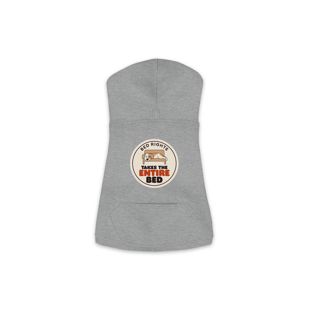 Takes The Entire Bed dog hoodie in Granite Heather - back print, sizes XS to M