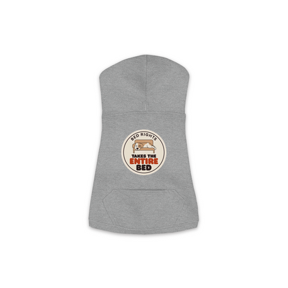 Takes The Entire Bed dog hoodie in Granite Heather - back print, sizes XS to M
