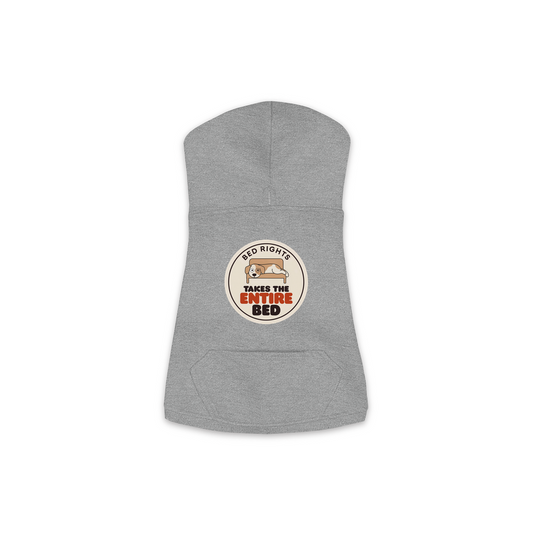Takes The Entire Bed dog hoodie in Granite Heather - back print, sizes XS to M