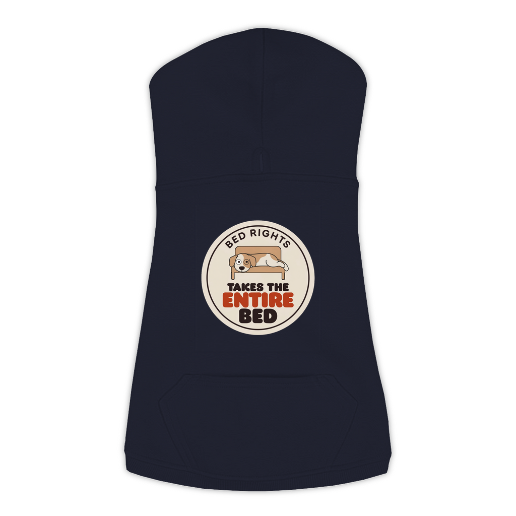 Takes The Entire Bed dog hoodie in Navy - back print, sizes L to 3XL