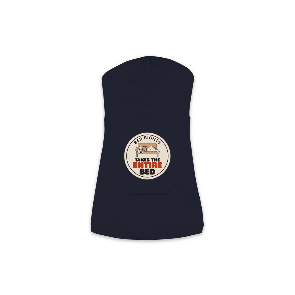 Takes The Entire Bed dog hoodie in Navy - back print, sizes XS to M